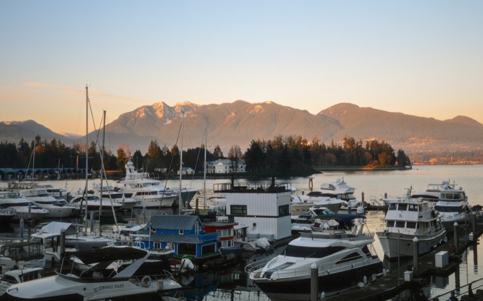 Boats moored in a coastal British Columbia marina below forested mountains at golden hour